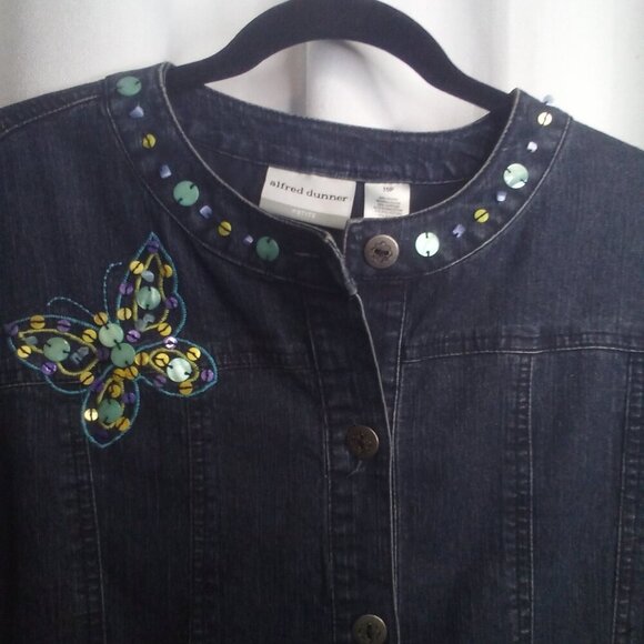 Alfred Dunner Jean Jacket 10P 10 Petite Button Up Butterfly Beading Denim Blue - Picture 7 of 15
